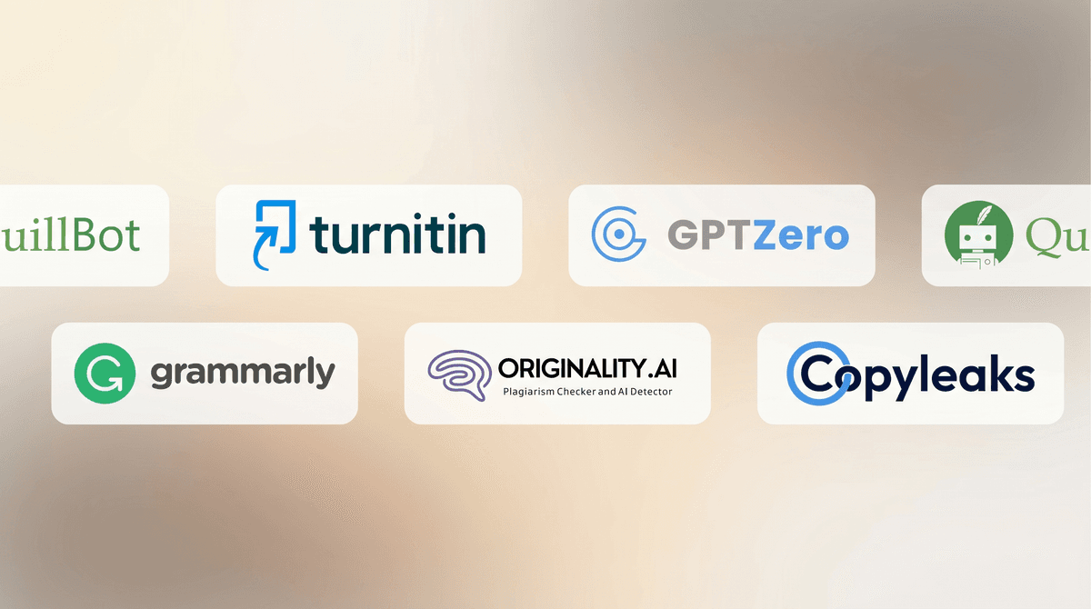 AI detection tools including Turnitin, GPTZero, Grammarly, Copyleaks, QuillBot, and Originality.AI